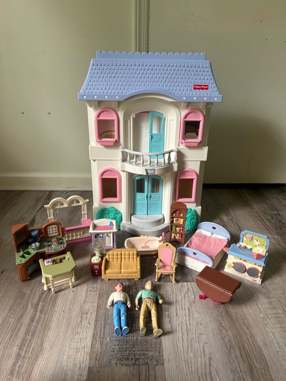 Fisher-Price Pastel Dollhouse with Blue Roof, Pink Accents & White Exterior